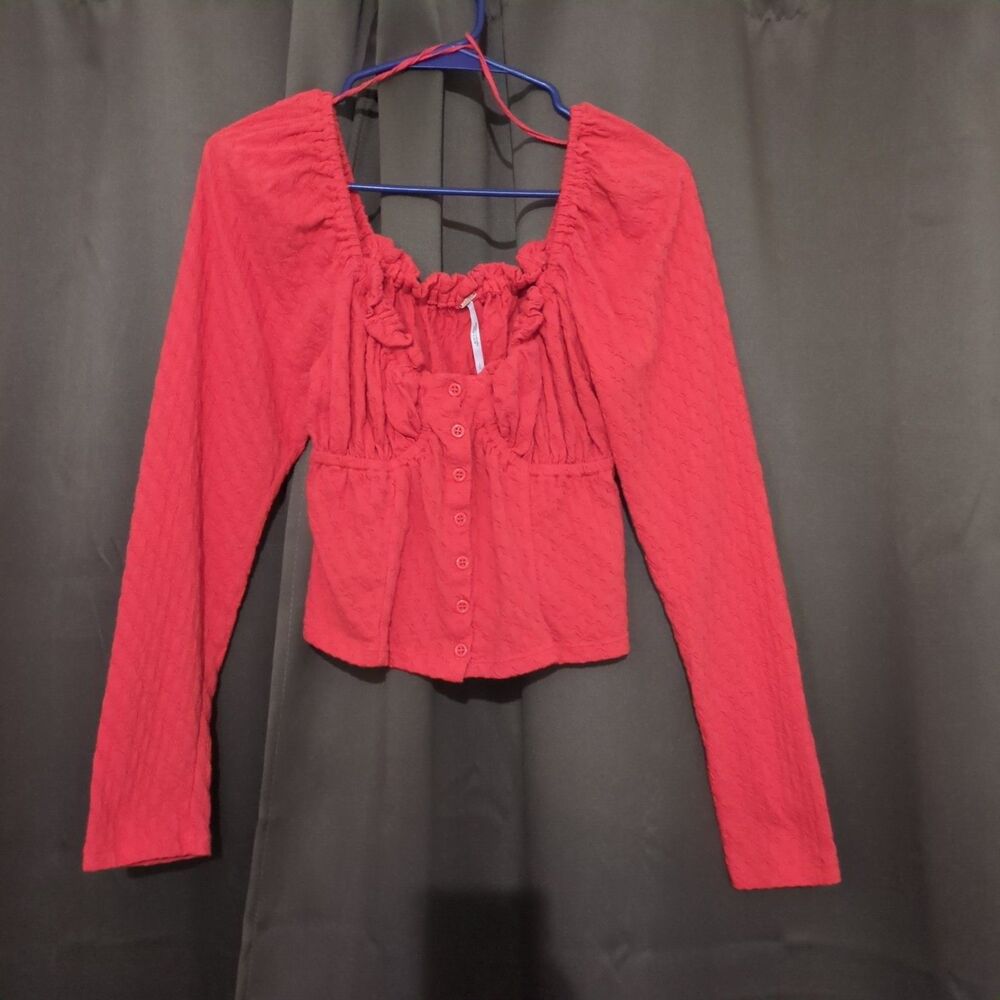 Free People Ladybug Corset Sweetheart Long Sleeve Crop Top Size L Babydoll